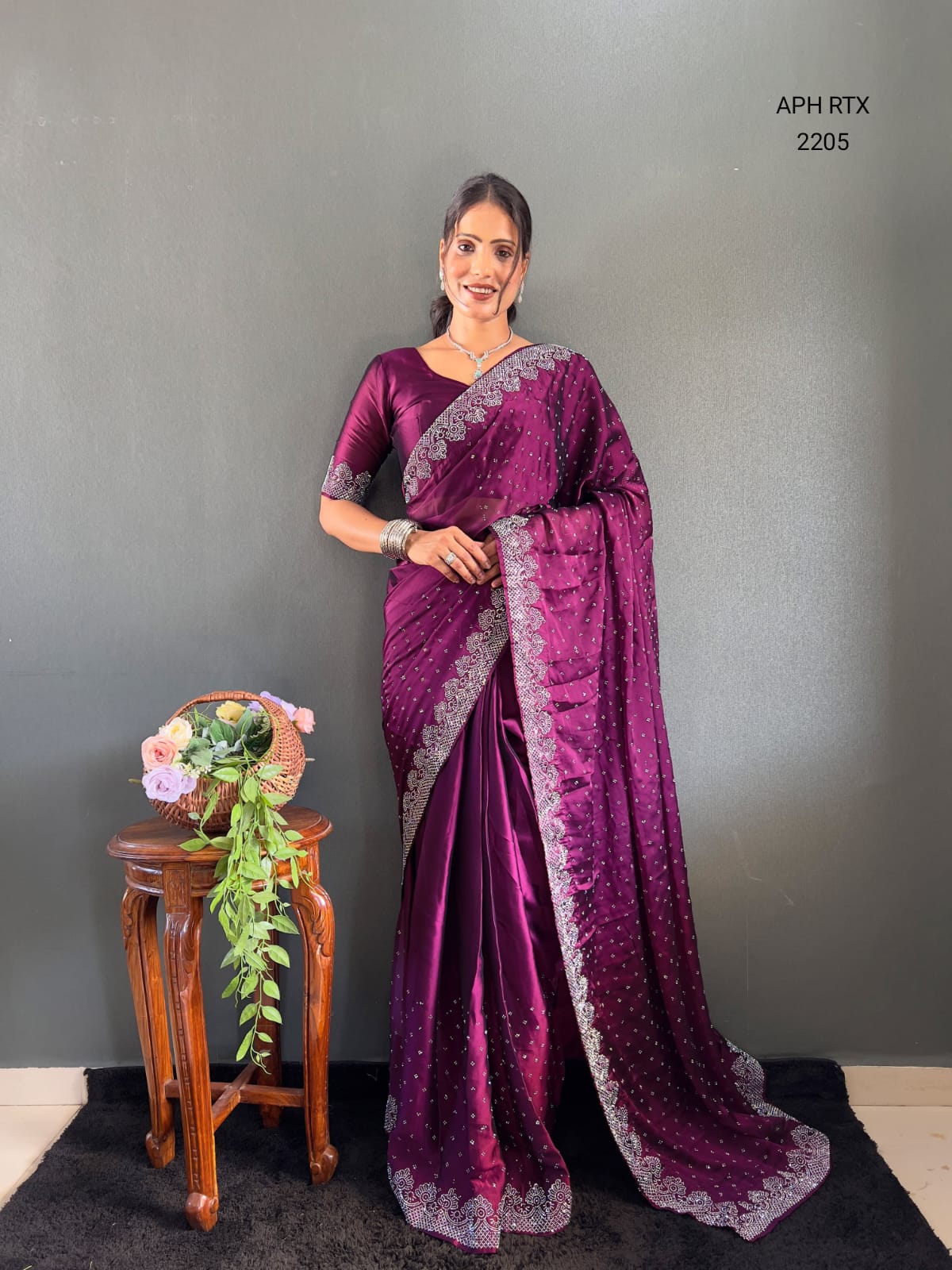 Navy Blue Premium Georgette Satin Saree with All-Over Sparkling Swarovski Diamond Moti Work